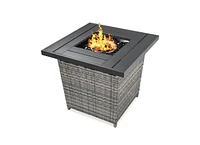 Slickblue 50,000 Btu Wicker Lp Gas Propane Fire Pit w/ Faux Wood Tabletop and Cover