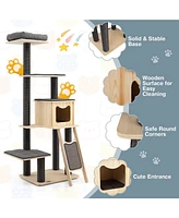Gymax 69 in Modern Wood Cat Tree 5-Tier Tall Cat Tower w/ Washable Cushions