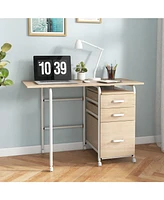 Gouun Folding Computer Desk with Wheels and 3 Drawers for Home Office