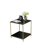 Kings Brand Furniture Side End Table with Faux Marble Storage Shelves & Gold Metal Frame, Nightstand for Bedroom, Living Room, or Modern Accent