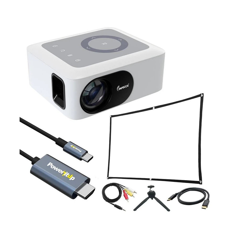 Impecca 120” Portable Home Theater Projector, 80 Ansi Lumens, 720P, Includes Usb-c to Hdmi & Accessory Kit