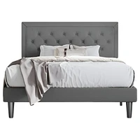 Slickblue Linen Upholstered Platform Bed with Button-Tufted Headboard