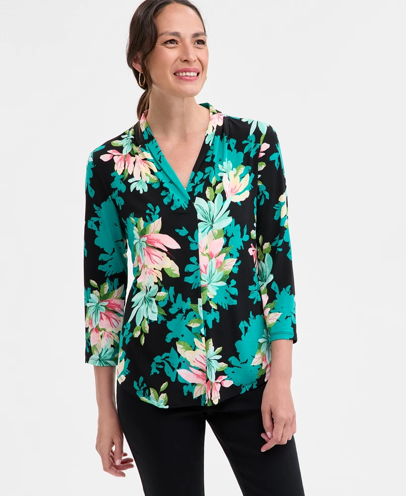 Jm Collection Petite Joanna Blooms V-Neck Top, Exclusively at Macy's