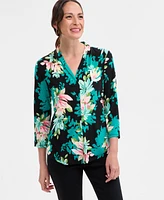 Jm Collection Petite Joanna Blooms V-Neck Top, Exclusively at Macy's