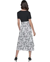 Karl Lagerfeld Paris Women's Mixed-Media Short-Sleeve Midi Dress