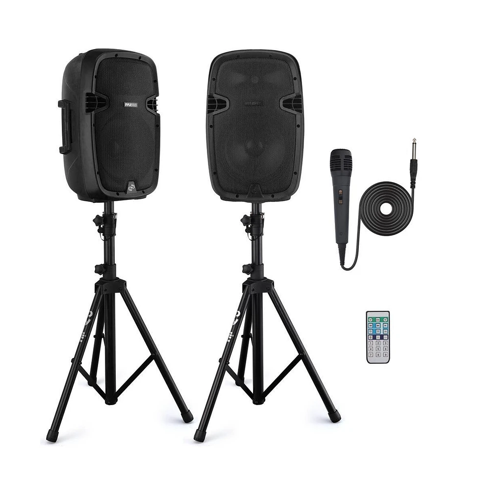 Pyle 10" Active + Passive Pa Speaker System Kit with Bluetooth, Usb/Sd/MP3 Playback, Includes (2) Speaker Stands, Wired Microphone & Remote Control