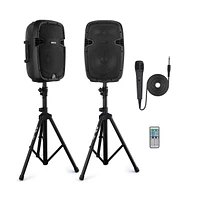 Pyle 10" Active + Passive Pa Speaker System Kit with Bluetooth, Usb/Sd/MP3 Playback, Includes (2) Speaker Stands, Wired Microphone & Remote Control