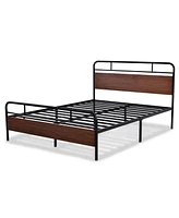 Slickblue Industrial Metal and Wood Platform Bed Frame with Headboard and Footboard for Modern Bedrooms