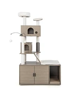 Gymax Cat Tree with Litter Box Enclosure 2-in-1 Modern Cat Tower with Double Condos