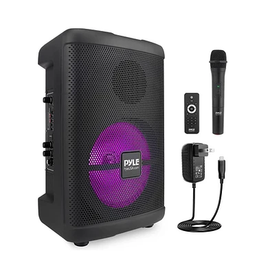 Pyle 8” Wireless Portable Pa Speaker with Flashing Party Lights, Usb/Tf/Fm Radio & Wireless Microphone