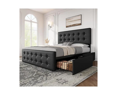 gaomon Queen Size Bed Frame with 4 Storage Drawers and Headboard, Faux Leather Upholstered Platform Bed Frame with Wooden Slats Support, Button Tufted