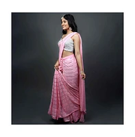 One Minute Saree Petite Puja Pink Georgette Silver Sequins Ready to Wear Sari