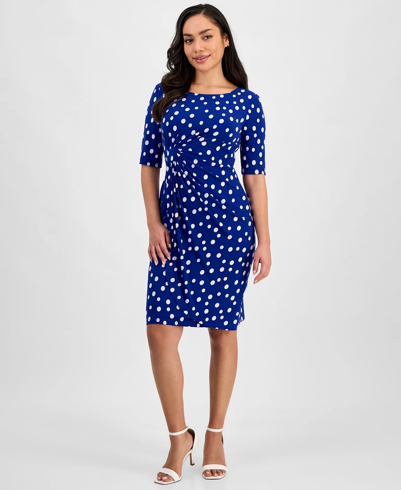 Connected Petite Printed Short-Sleeve Faux-Wrap Sheath Dress