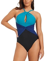 Beyond Control Women's Coastal Colorblock Twisted Halter One-Piece Swimsuit