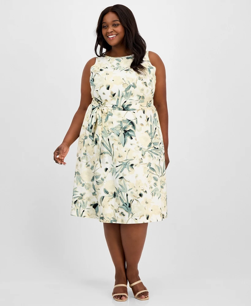 Anne Klein Plus Floral-Print Linen-Blend Fit & Flare Dress