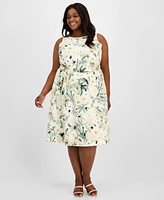 Anne Klein Plus Floral-Print Linen-Blend Fit & Flare Dress