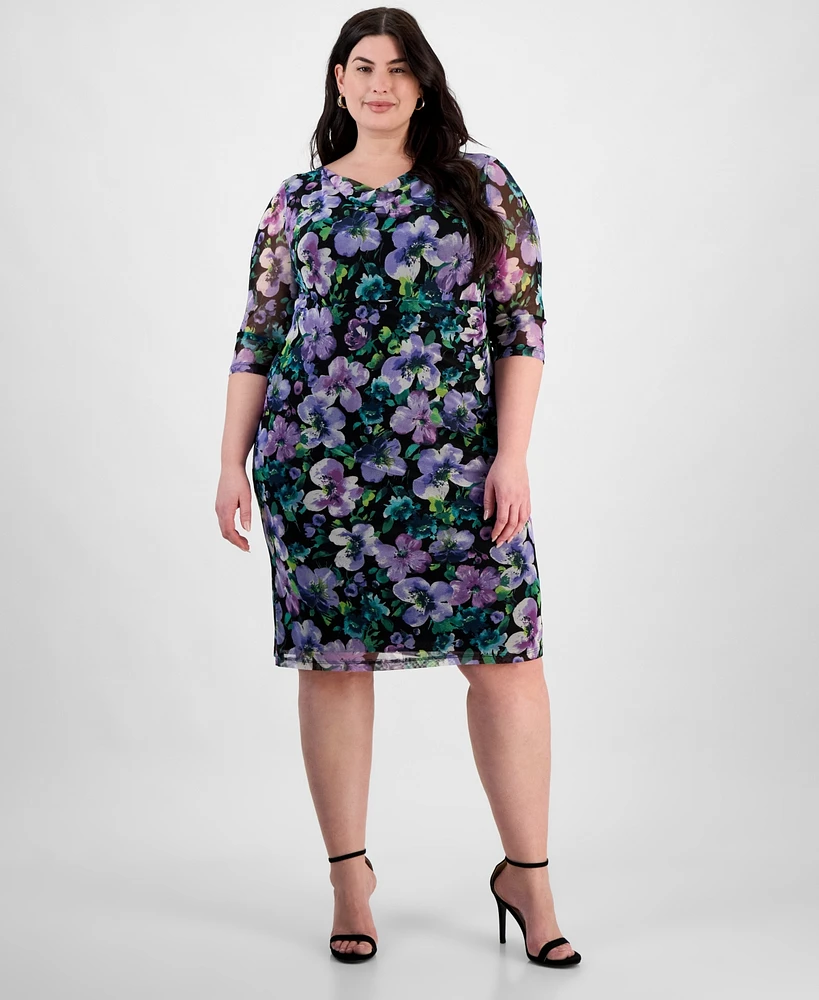 Connected Plus Printed Mesh 3/4-Sleeve Sheath Dress