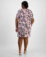 Connected Plus Floral-Print Gathered-Waist Dress