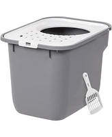 Iris Usa Square Top Entry Cat Litter Box with Scoop, Gray/White