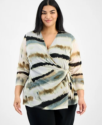 Anne Klein Plus Size 3/4-Sleeve Printed Mesh Top