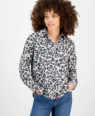 Dkny Jeans Petite Cat-Print Fold-Collar Blouse