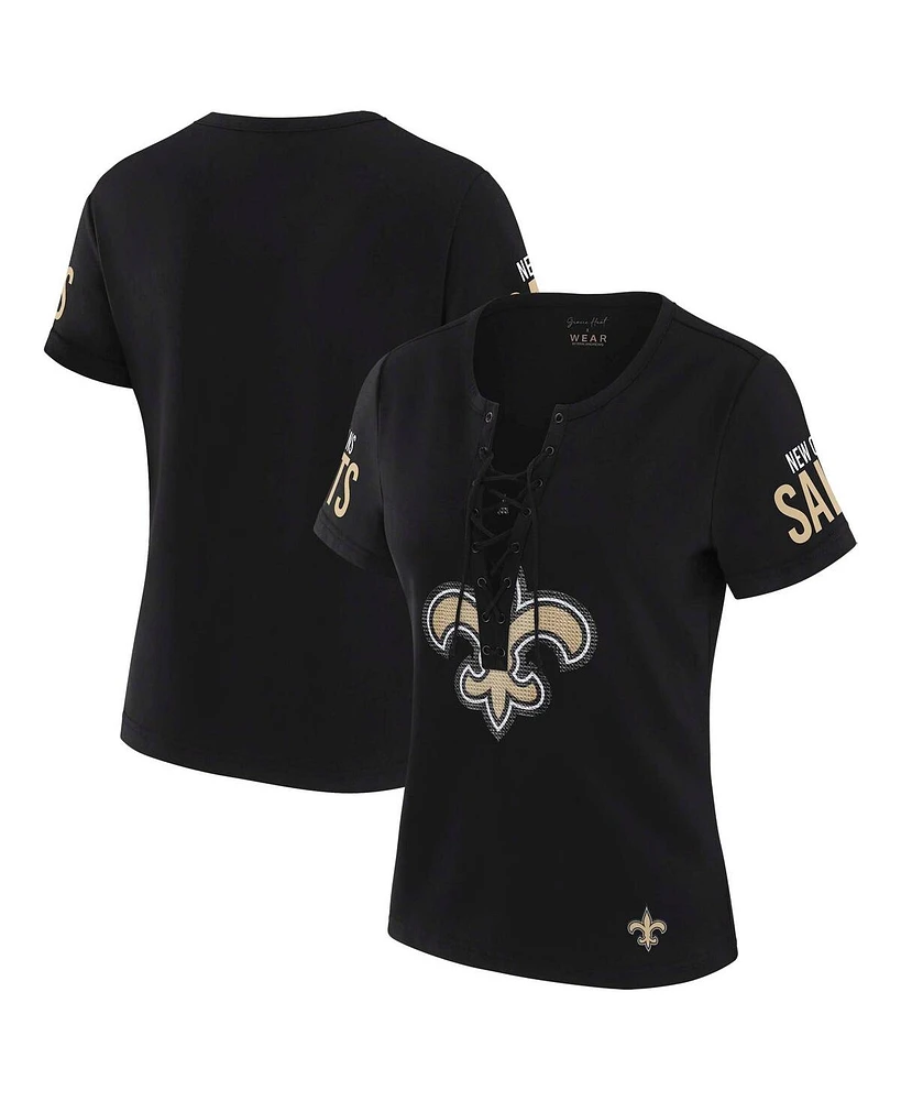 Wear by Erin Andrews x Gracie Hunt Women's Black New Orleans Saints Draft Me Lace-Up T-Shirt