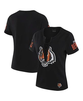 Wear by Erin Andrews x Gracie Hunt Women's Black Cincinnati Bengals Draft Me Lace-Up T-Shirt