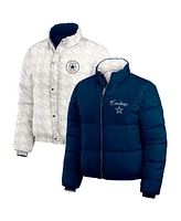 Wear by Erin Andrews Women's Navy/White Dallas Cowboys Reversible Cropped Full-Zip Puffer Jacket