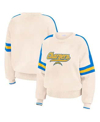 Wear by Erin Andrews Women's Cream Los Angeles Chargers Stripe Pullover Sweater