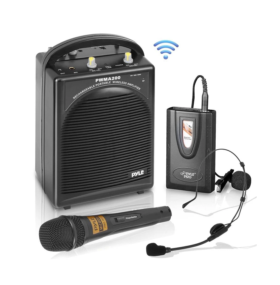 Pyle Portable Pa Speaker & Microphone System Kit with Fm Stereo Radio, Rechargeable Battery, Beltpack, Handheld, Headset & Lavalier Microphones