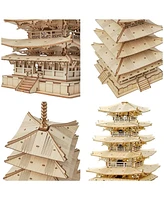 Robotime 3D Puzzles Wooden Model Diy Pagoda Mechancial Construction Creative Jigsaw Craft Kits Gift , Beige, 6.3"6.3"12.6"