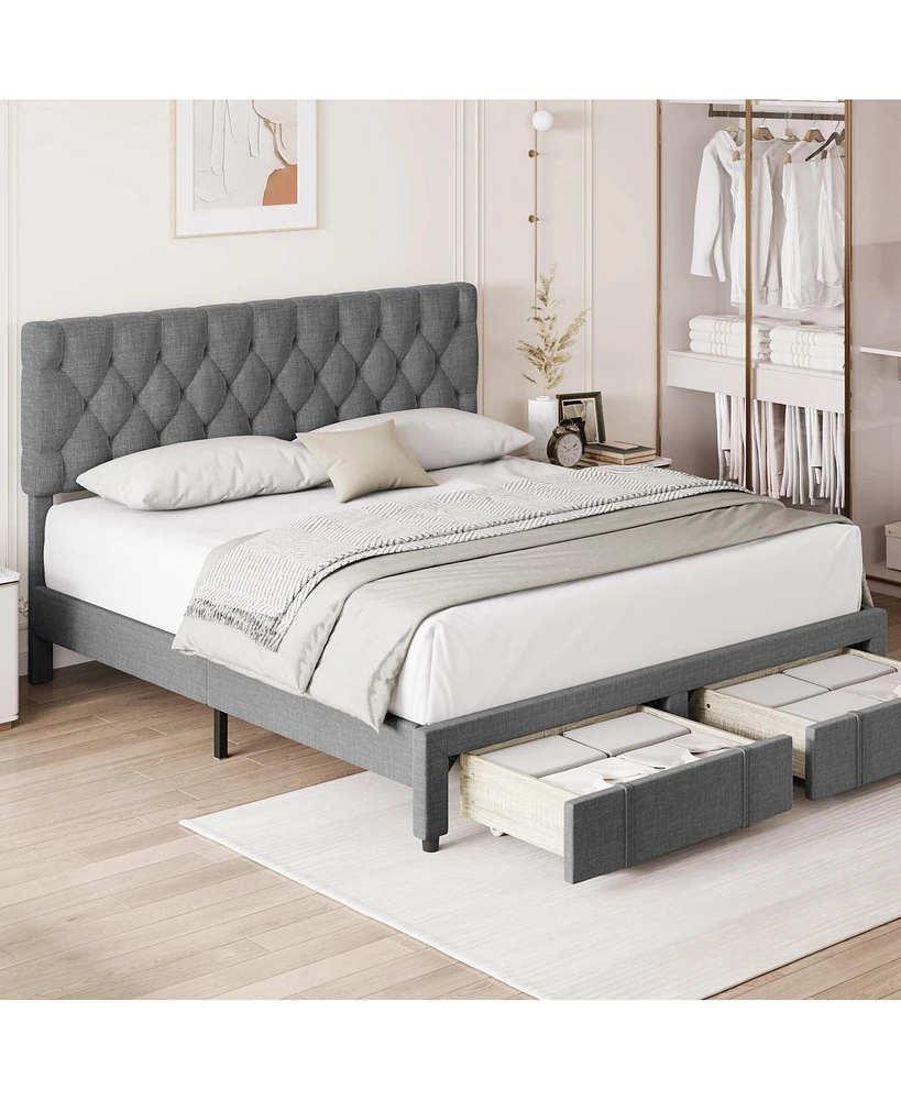 gaomon Queen Size Bed Frame with 2 Storage Drawers, Upholstered Platform Bed Frame