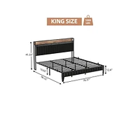 gaomon King Bed Frame with Charging Station, Led Bed Frame with Storage Headboard, Upholstered Platform Bed Frame, No Box Spring Needed