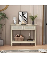 Boyel Living Boho Style Console Table with 2 Rattan Drawer and Bottom Storage Shelf for Entryway, Minimalist Side Table with Rattan Storage Drawer and