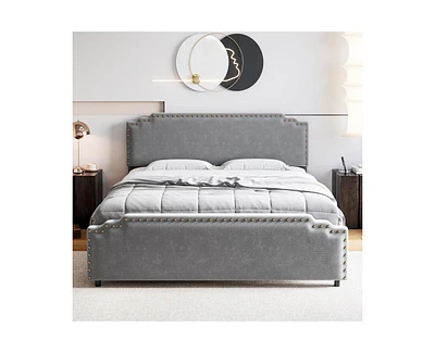 gaomon King Size Bed Frame with Headboard, Velvet Upholstered Platform Bed with Rivet Decor, Heavy Duty, No Box Spring Needed