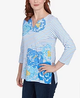 Ruby Rd. Petite Floral Embroidered Script Stripe Three Quarter Sleeve T-Shirt