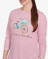 Ruby Rd. Petite Bicycle Bloom Striped Three Quarter Sleeve T-Shirt