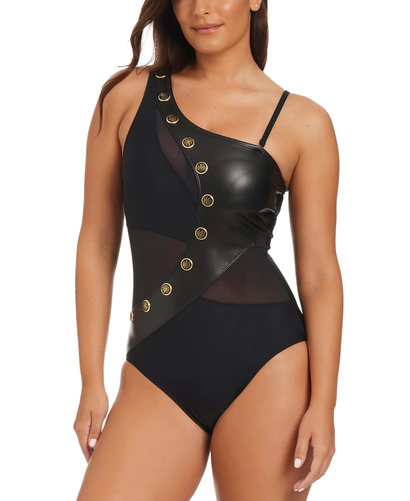 Beyond Control Women's Faux-Leather One-Shoulder One-Piece Swimsuit