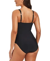 Beyond Control Women's Faux-Leather V-Neck One-Piece Swimsuit