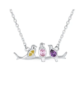 Bling Jewelry Inspirational Cz Accented Pendant Necklace with Three Birds on a Branch Sterling Silver