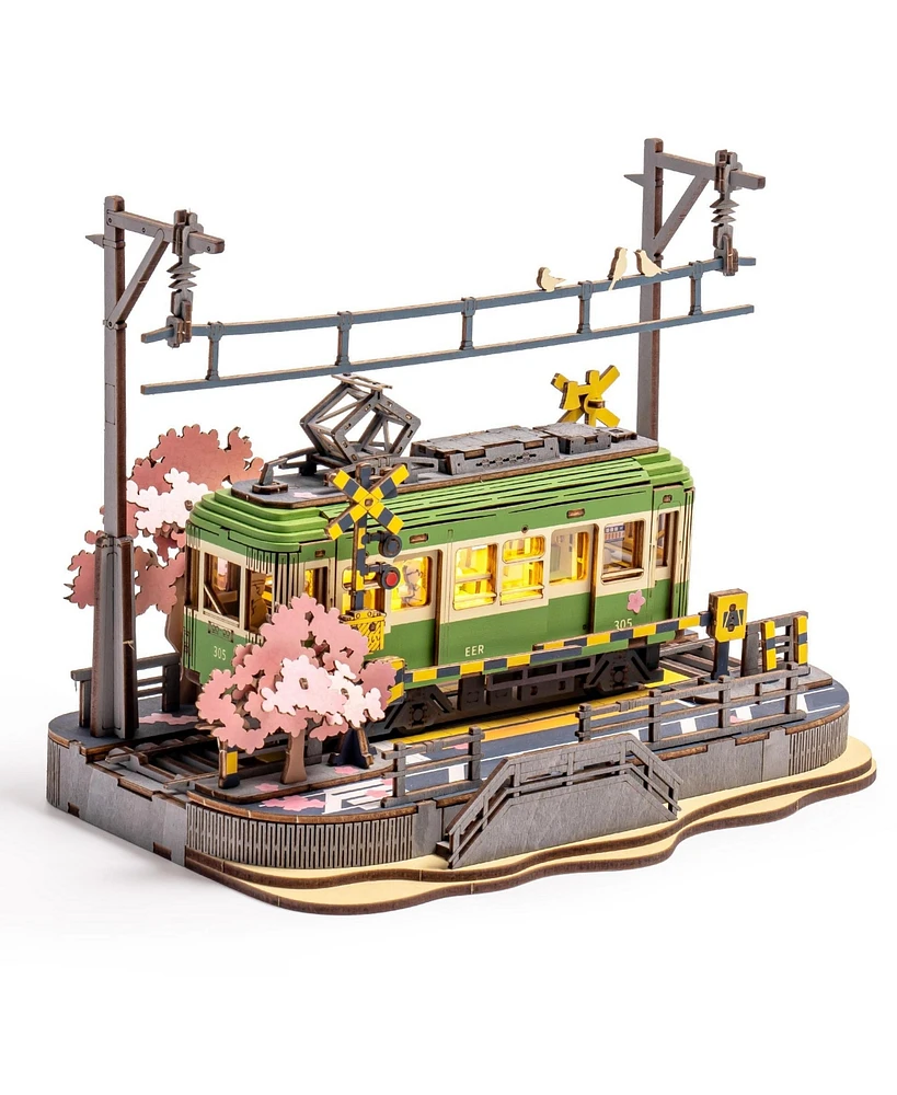 Robotime 3D Puzzles Jigsaw Car Toy Diy Model Kit for Adults, Building Toy Diorama Tram Sakura Hobby for Kids, Green, 12.32"9.06"1.57