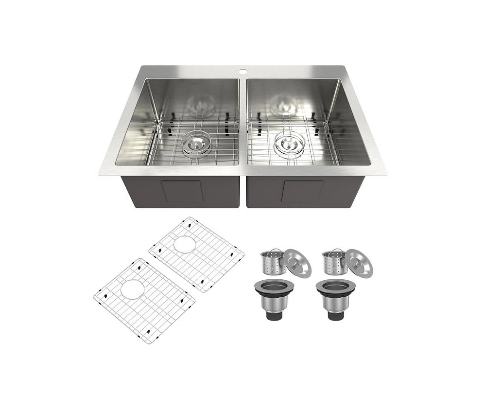 Casainc 33inch L x 22inch W Double Basin Drop-in Kitchen Sink with Accessories