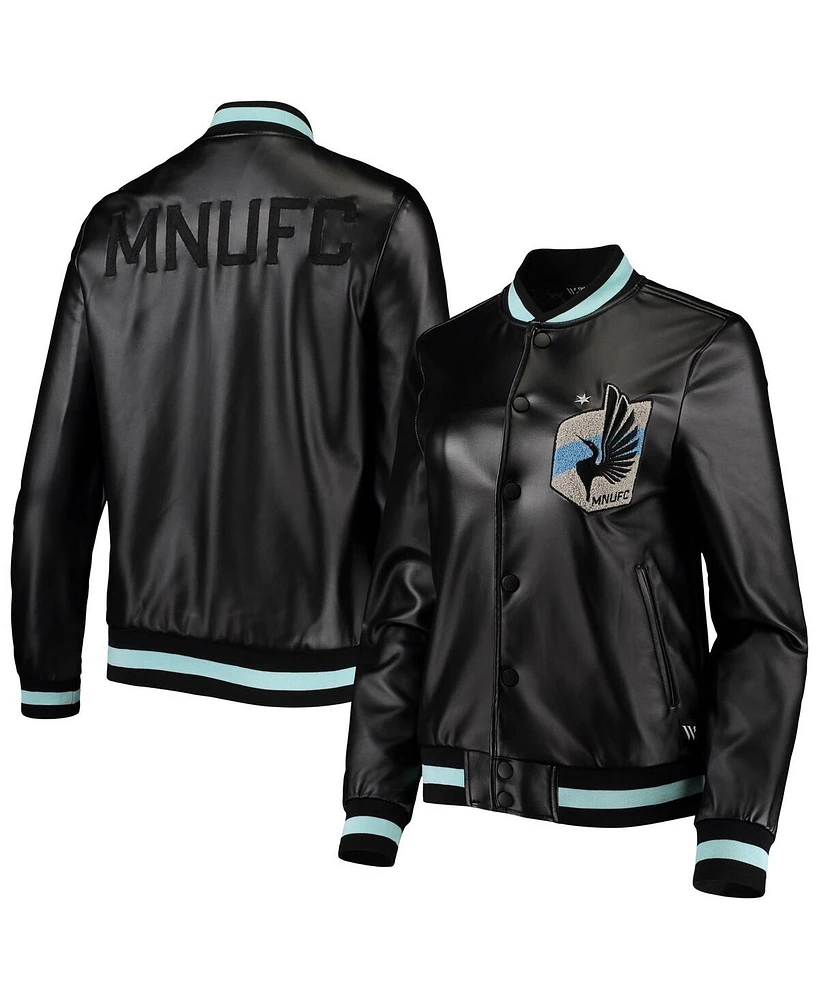 The Wild Collective Women's Black Minnesota United Fc Full-Snap Bomber Jacket