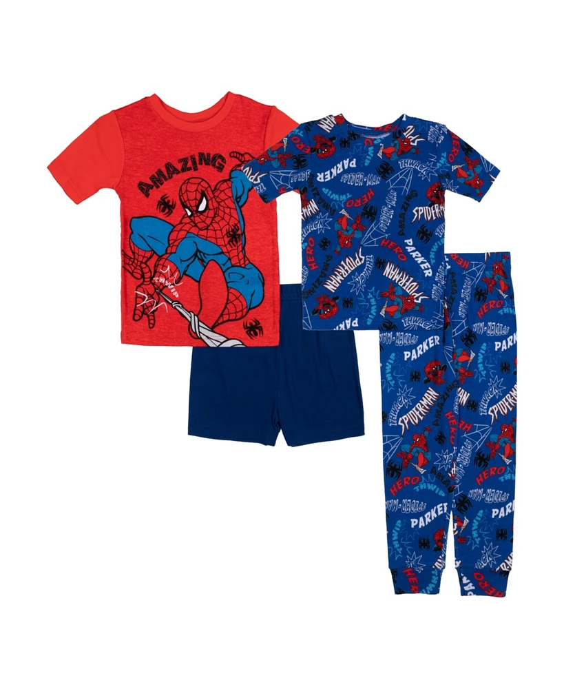 Spider-Man Big Boys Short Sleeve Tees, Shorts and Pant, 4-Piece Pajama Set