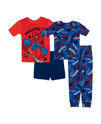 Spider-Man Big Boys Short Sleeve Tees, Shorts and Pant, 4-Piece Pajama Set