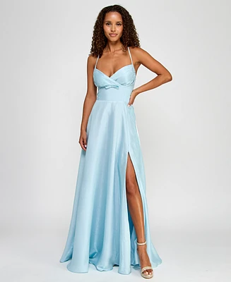 B Darlin Juniors' Satin Pleated-Bodice Surplice Gown, Created for Macy's