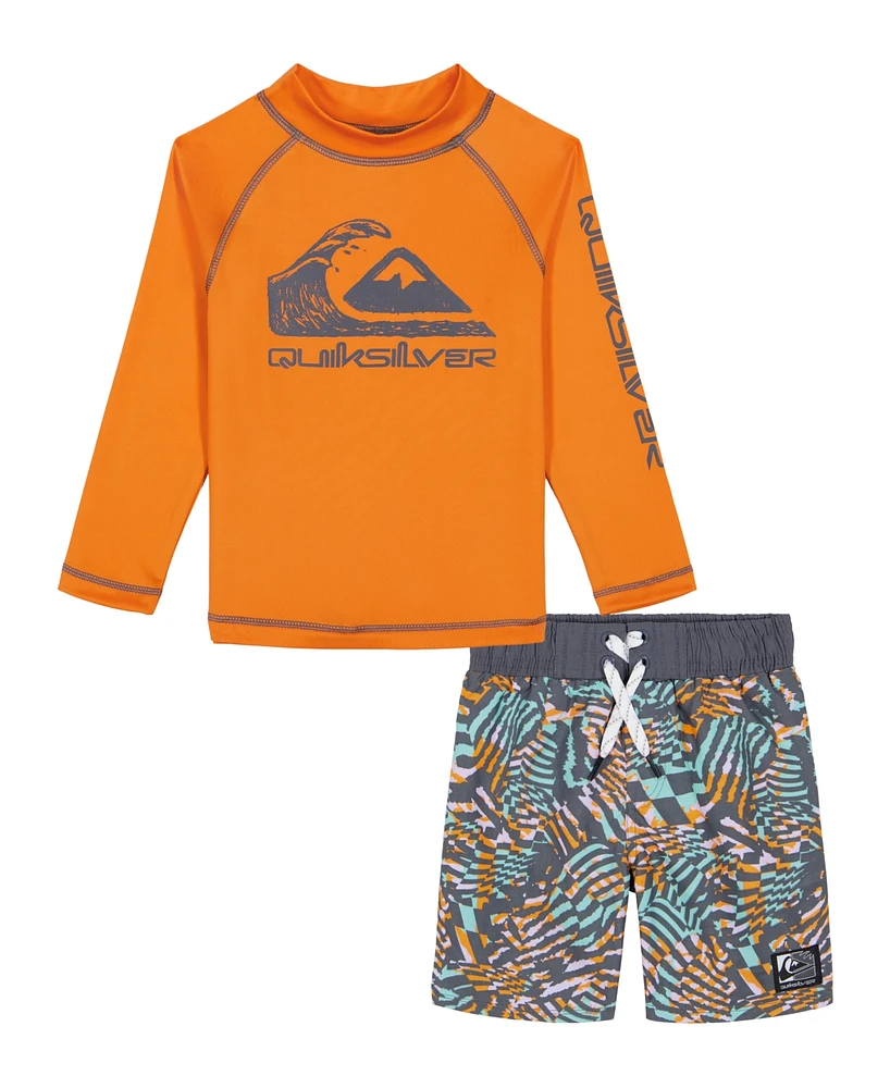 Quiksilver Little and Toddler Boys Long Sleeve Rashguard Pattern Boardshorts, 2 Piece Set