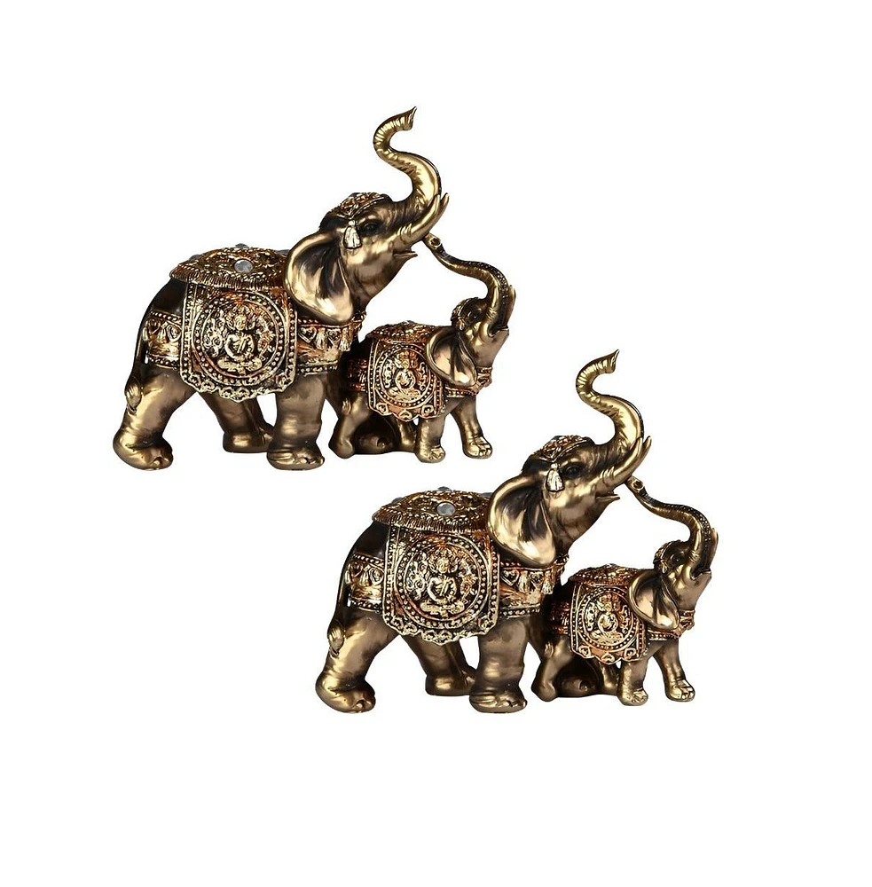 Fc Design "2-pc Set" 6"W Gold Thai Elephant and Baby with Trunk Up Figurine Statue Ornament Home Room Office Decor and Perfect Ideas for Housewarming,