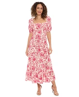 London Times Petite Floral-Print Puff-Sleeve Maxi Dress