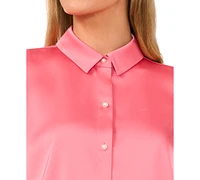 CeCe Women's Luxe Satin Imitation Pearl Button Down Blouse